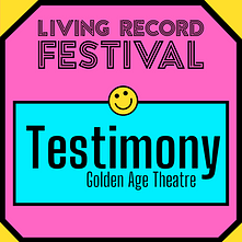 A bright pink tile with 'Testimony. Golden Age Theatre' written on it.